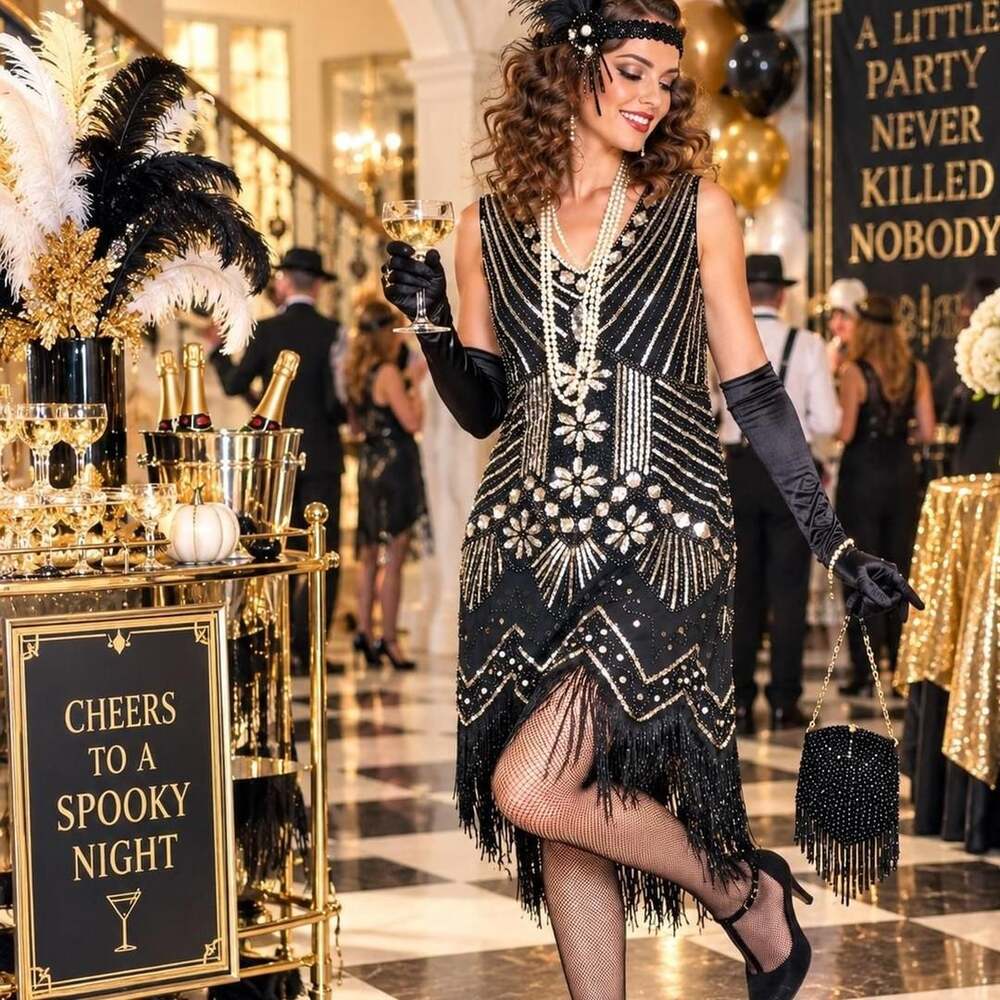 1920s Flapper Halloween Costume Dress Black Sequin Fringed 2X